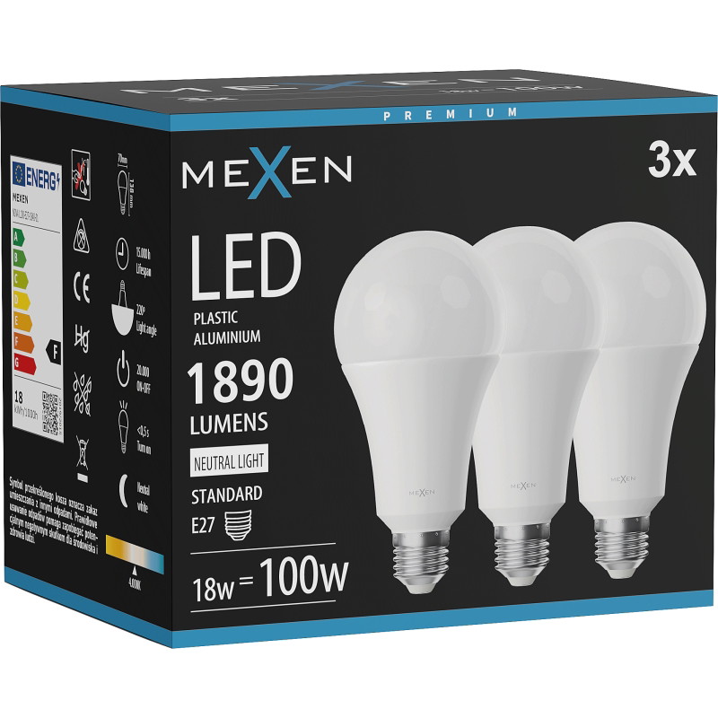 Mexen Nova 3x LED крушка E27, A70, 18W, Неутрална - 4000K, 1890 lm - L100-E27-1840-01x03