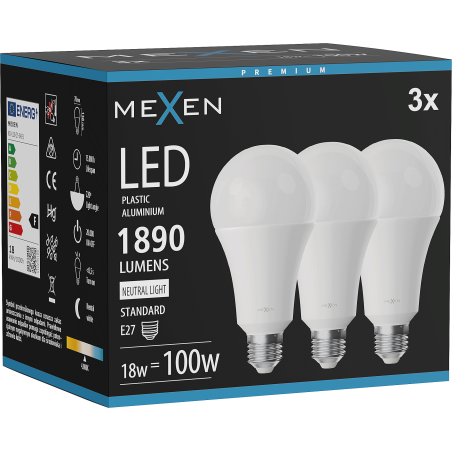 Mexen Nova 3x LED крушка E27, A70, 18W, Неутрална - 4000K, 1890 lm - L100-E27-1840-01x03