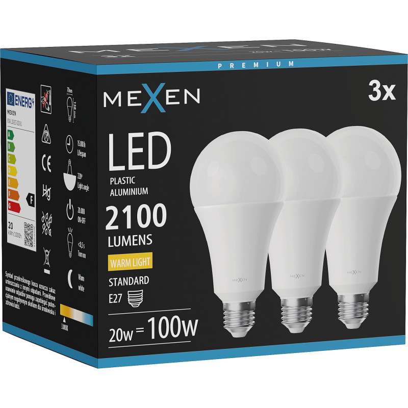 Mexen Nova 3x LED крушка E27, A70, 20W, Топла - 3000K, 2100 lm - L100-E27-2030-01x03