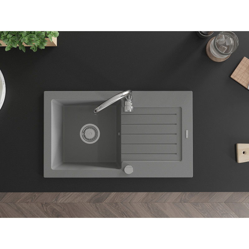 Mexen Pablo гранитна мивка с една камера и отцедник 752 x 436 mm, сива, сифон хром - 6510751010-71