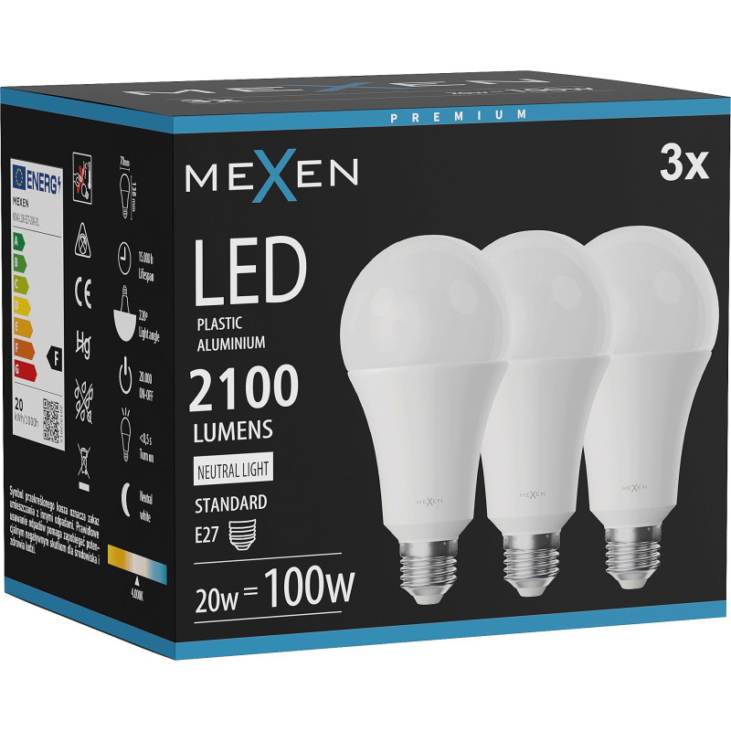 Mexen Nova 3x LED крушка E27, A70, 20W, Неутрална - 4000K, 2100 lm - L100-E27-2040-01x03