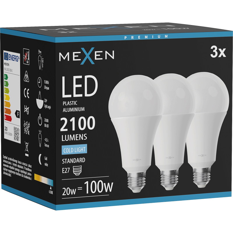 Mexen Nova 3x LED крушка E27, A70, 20W, Студена - 6500K, 2100 lm - L100-E27-2065-01x03
