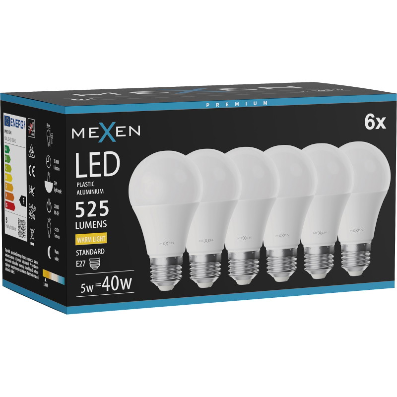 Mexen Nova 6x LED крушка E27, A60, 5W, Топла - 3000K, 525 lm - L100-E27-0530-01x06