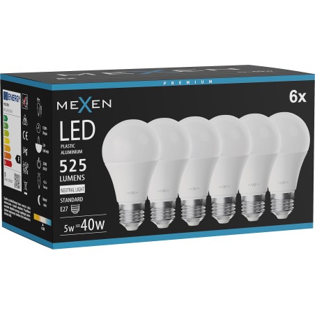 Mexen Nova 6x LED крушка E27, A60, 5W, Неутрална - 4000K, 525 lm - L100-E27-0540-01x06