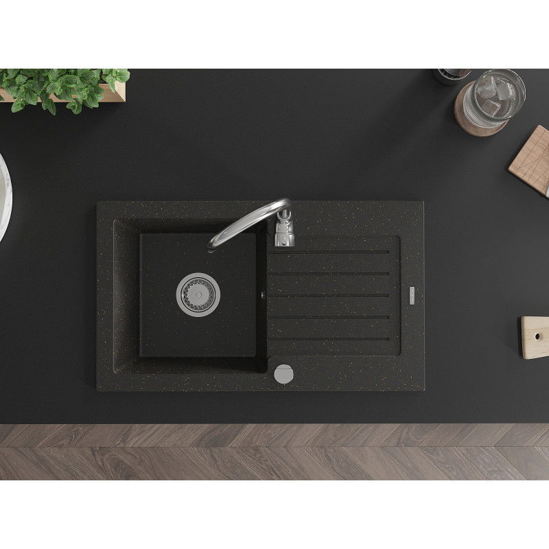 Mexen Pablo гранитна мивка с 1 отделение и дренаж 752 x 436 mm, черен/златен металик, хромиран сифон - 6510751010-75