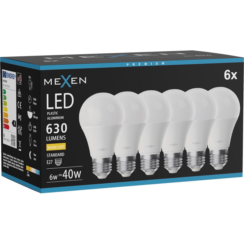 Mexen Nova 6x LED крушка E27, A60, 6W, Топла светлина - 3000K, 630 lm - L100-E27-0630-01x06