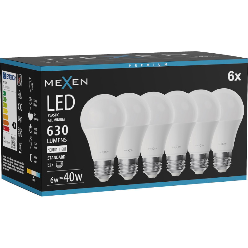 Mexen Nova 6x LED крушка E27, A60, 6W, Неутрална - 4000K, 630 lm - L100-E27-0640-01x06