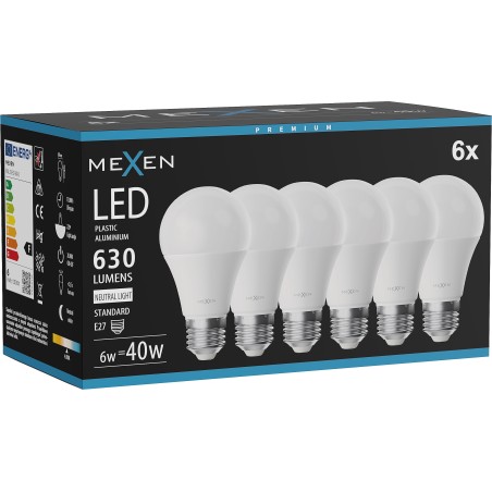 Mexen Nova 6x LED крушка E27, A60, 6W, Неутрална - 4000K, 630 lm - L100-E27-0640-01x06