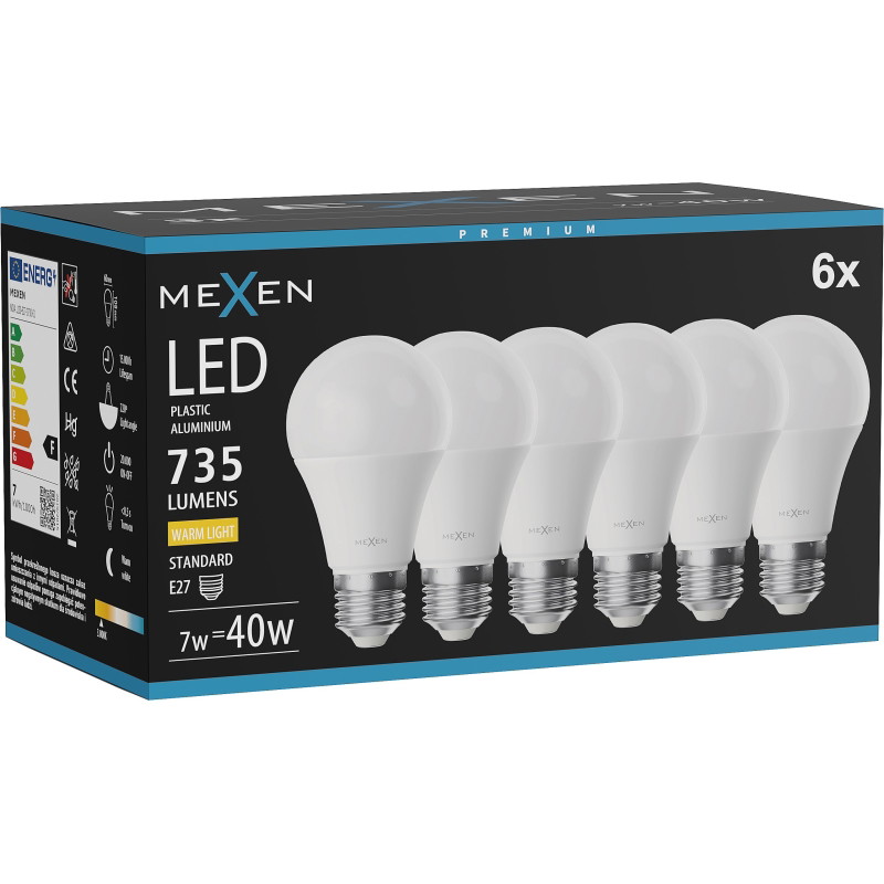 Mexen Nova 6x LED крушка E27, A60, 7W, Топла - 3000K, 735 лм - L100-E27-0730-01x06