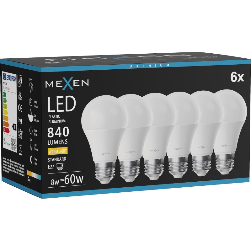 Mexen Nova 6x LED крушка E27, A60, 8W, Топло - 3000K, 840 lm - L100-E27-0830-01x06