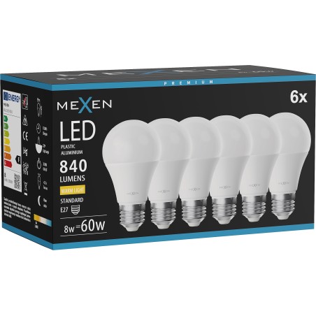 Mexen Nova 6x LED крушка E27, A60, 8W, Топло - 3000K, 840 lm - L100-E27-0830-01x06