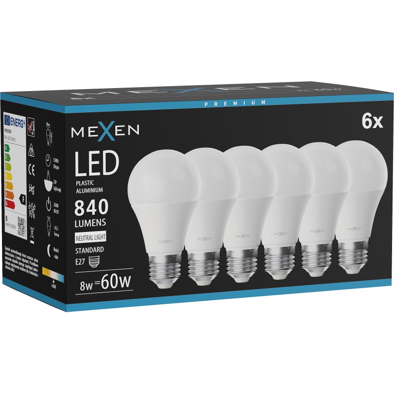 Mexen Nova 6x LED крушка E27, A60, 8W, Неутрална - 4000K, 840 lm - L100-E27-0840-01x06