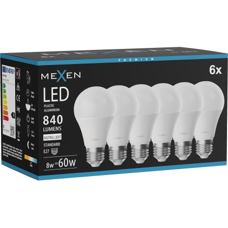 Mexen Nova 6x LED крушка E27, A60, 8W, Неутрална - 4000K, 840 lm - L100-E27-0840-01x06