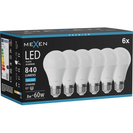 Mexen Nova 6x LED крушка E27, A60, 8W, Студена - 6500K, 840 lm - L100-E27-0865-01x06