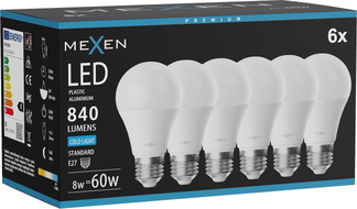 Mexen Nova 6x LED крушка E27, A60, 8W, Студена - 6500K, 840 lm - L100-E27-0865-01x06