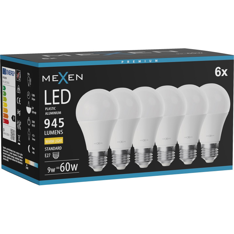 Mexen Nova 6x LED крушка E27, A60, 9W, Топло - 3000K, 945 lm - L100-E27-0930-01x06