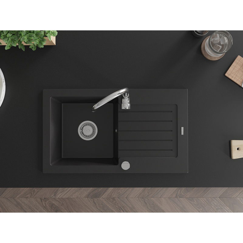 Mexen Pablo мивка гранитна с 1 камера и отцедник 752 x 436 мм, черна, сифон хром - 6510751010-77