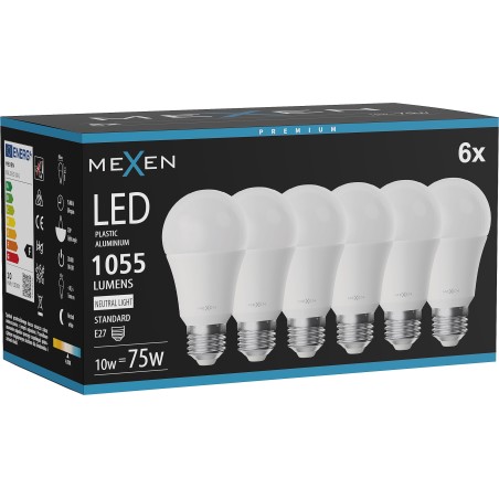 Mexen Nova 6x LED крушка E27, A60, 10W, Неутрална - 4000K, 1055 lm - L100-E27-1040-01x06