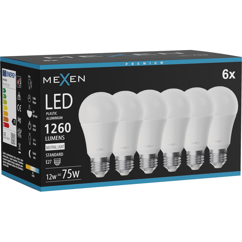 Mexen Nova 6x LED крушка E27, A60, 12W, Неутрална - 4000K, 1260 lm - L100-E27-1240-01x06