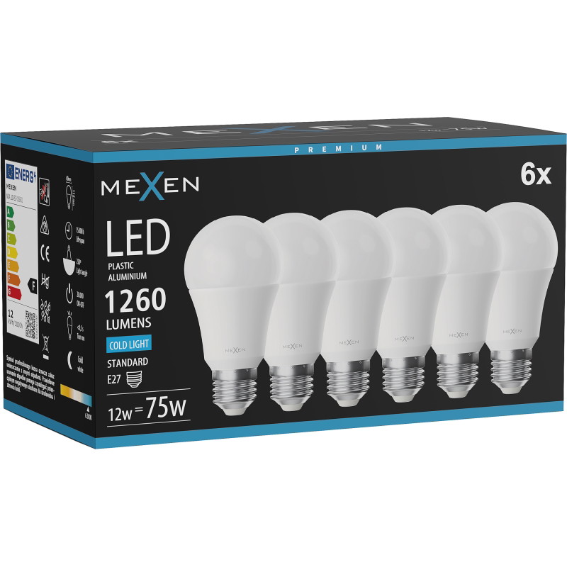 Mexen Nova 6x LED крушка E27, A60, 12W, Студена - 6500K, 1260 lm - L100-E27-1265-01x06
