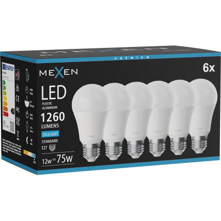 Mexen Nova 6x LED крушка E27, A60, 12W, Студена - 6500K, 1260 lm - L100-E27-1265-01x06