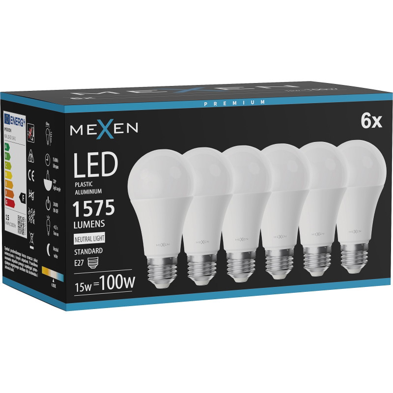 Mexen Nova 6x LED крушка E27, A60, 15W, Неутрална - 4000K, 1575 lm - L100-E27-1540-01x06