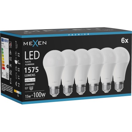 Mexen Nova 6x LED крушка E27, A60, 15W, Неутрална - 4000K, 1575 lm - L100-E27-1540-01x06