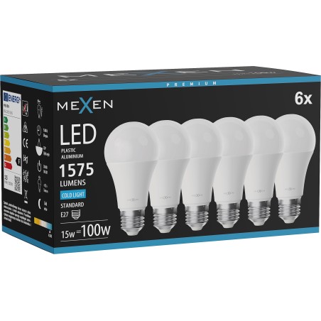 Mexen Nova 6x LED крушка E27, A60, 15W, Студена - 6500K, 1575 lm - L100-E27-1565-01x06