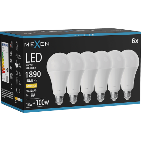 Mexen Nova 6x LED крушка E27, A70, 18W, Топла - 3000K, 1890 lm - L100-E27-1830-01x06