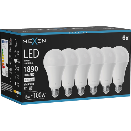 Mexen Nova 6x LED крушка E27, A70, 18W, Неутрална - 4000K, 1890 lm - L100-E27-1840-01x06