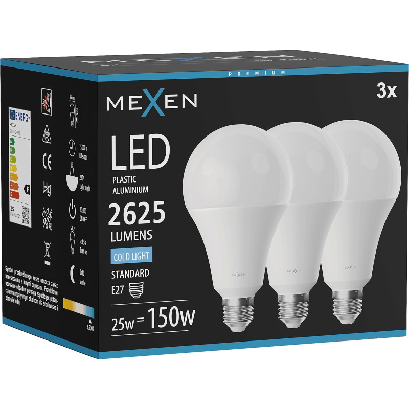 Mexen Nova 3x LED крушка E27, A95, 25W, Студен - 6500K, 2625 lm - L100-E27-2565-01x03
