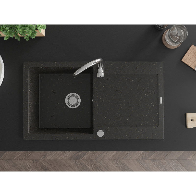 Mexen Leo гранитна мивка с 1 отделение и отцедник 900 x 500 mm, черно/златист металик, сифон хром - 6501901010-75