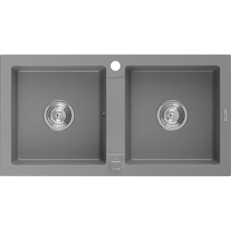 Mexen Mario гранитна мивка с 2 отделения 820 x 436 мм, сива, хромиран сифон