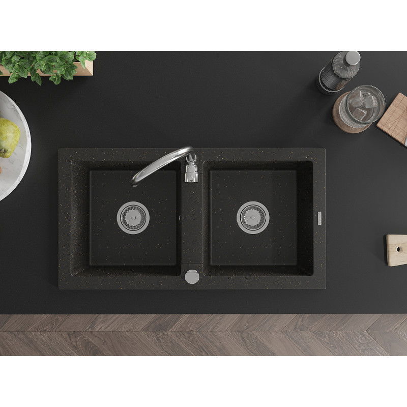 Mexen Mario гранитна мивка с 2 отделения 820 x 436 mm, черен/златен металик, хромиран сифон - 6504822000-75