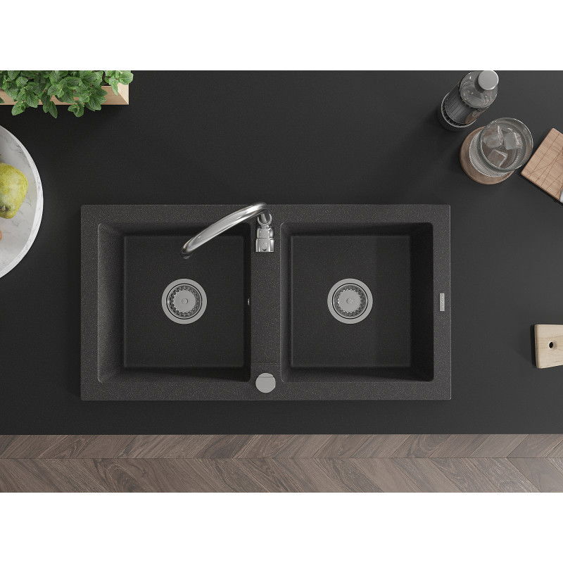 Mexen Mario гранитна мивка с 2 отделения 820 x 436 мм, черна на пръски, хромиран сифон - 6504822000-76