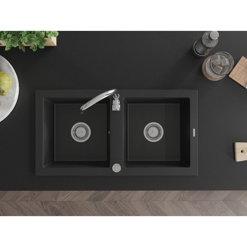 Mexen Mario гранитна мивка с 2 отделения 820 x 436 mm, черна, хромиран сифон - 6504822000-77
