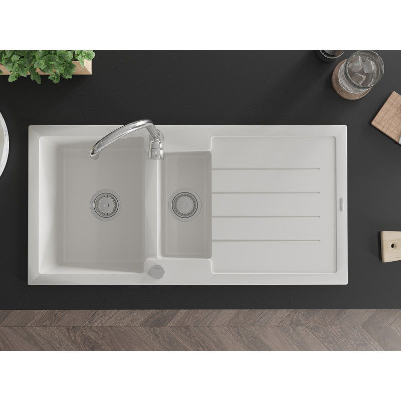 Mexen Andres гранитна мивка с 1,5 камери с отцедник 1000 x 500 мм, бяла, сифон хром - 6515101510-20