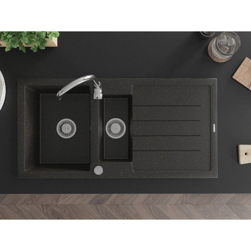 Mexen Andres гранитна мивка с 1,5 камери и отцедник 1000 x 500 мм, черен/златен