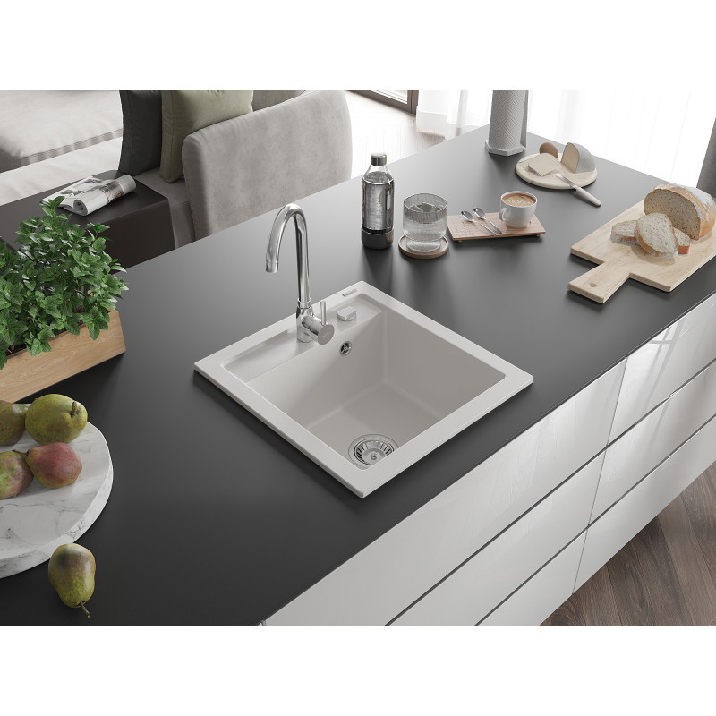 Mexen Vito гранитна мивка с 1 камера 520 x 490 mm, бяла, хромиран сифон - 6503521000-20