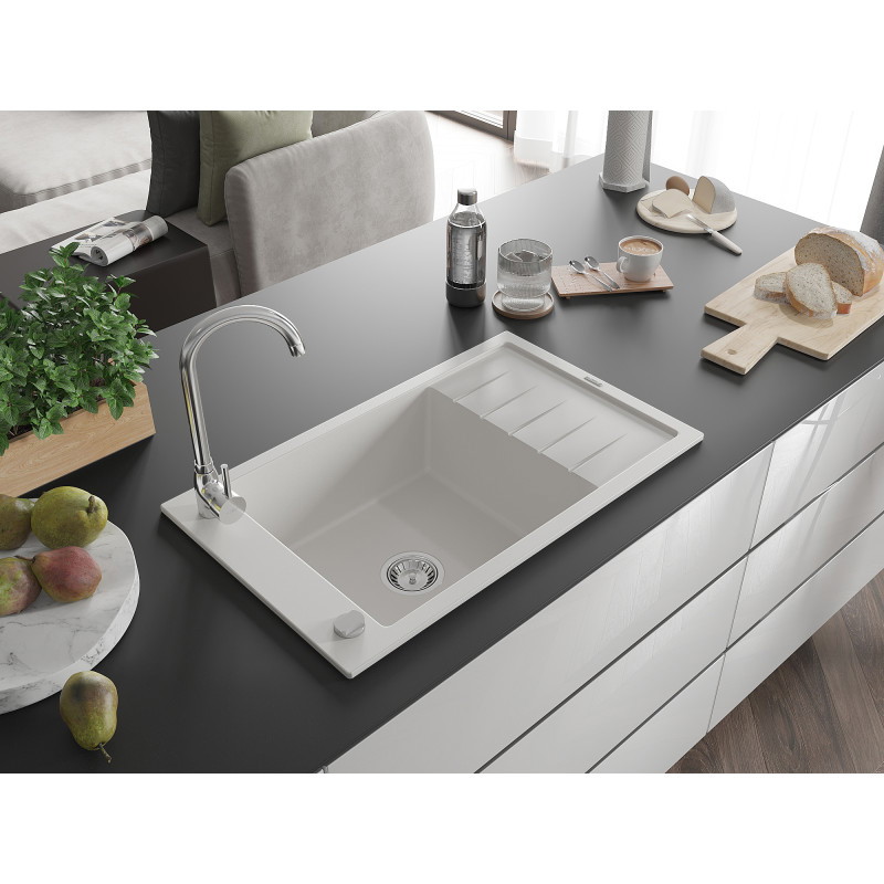 Mexen Elias гранитна мивка с 1 камера и отцедник 795 x 480 mm, бяла, сифон хром
