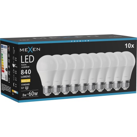 Mexen Nova 10x LED крушка E27, A60, 8W, Топла - 3000K, 840 lm - L100-E27-0830-01x10
