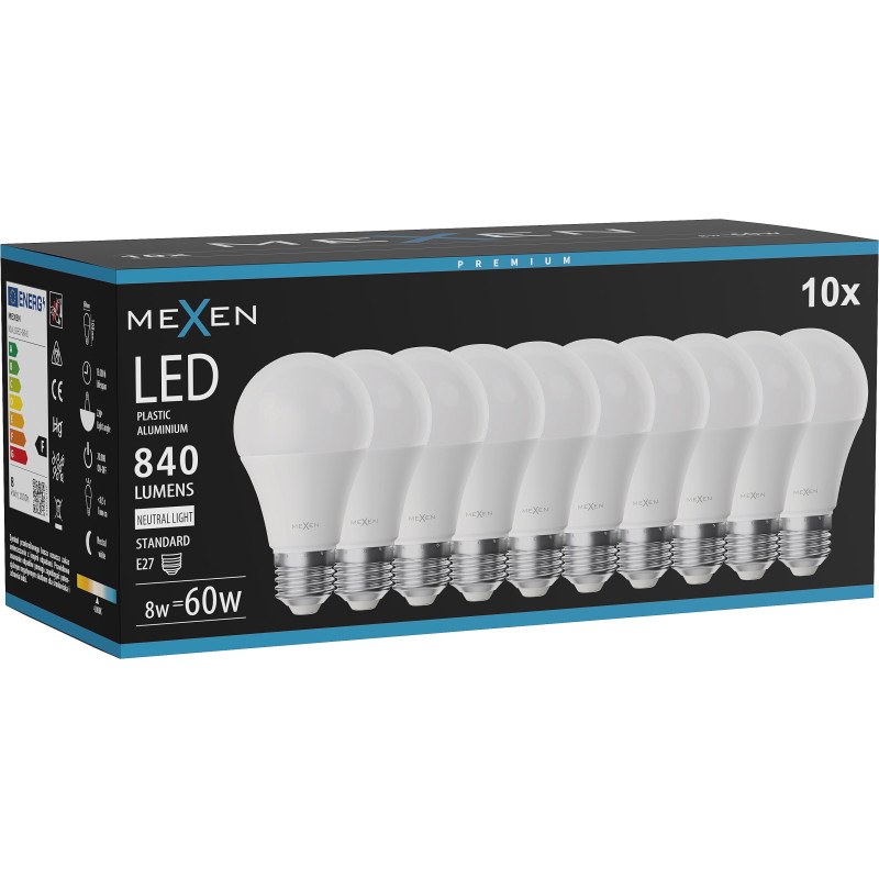 Mexen Nova 10x LED крушка E27, A60, 8W, Неутрална - 4000K, 840 lm - L100-E27-0840-01x10