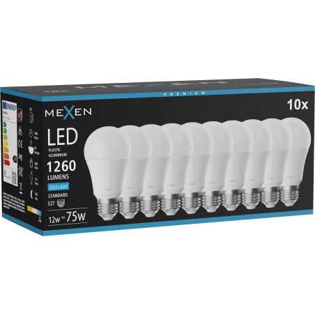 Mexen Nova 10x LED крушка E27, A60, 12W, Студена - 6500K, 1260 lm - L100-E27-1265-01x10