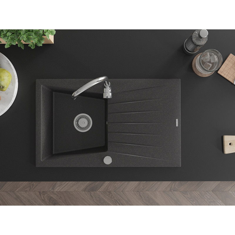 Mexen Cesar градинен мивка 1-камерен с отцедник 775 x 470 mm, черен с пръски, хром сифон - 6514771010-76