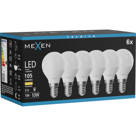 Mexen Nova 6x LED крушка E14, G45, 1W, Топла - 3000K, 105 lm - L101-E14-0130-01x06