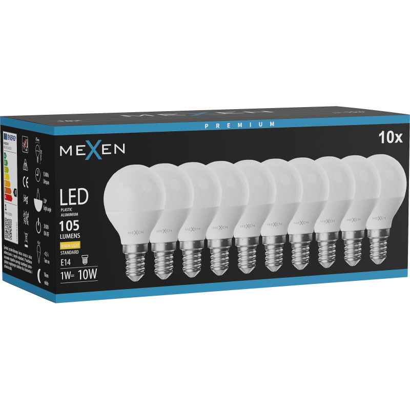 Mexen Nova 10x LED крушка E14, G45, 1W, Топло - 3000K, 105 lm - L101-E14-0130-01x10