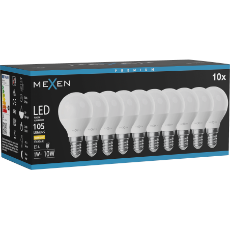 Mexen Nova 10x LED крушка E14, G45, 1W, Топло - 3000K, 105 lm - L101-E14-0130-01x10