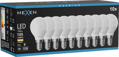 Mexen Nova 10x LED крушка E14, G45, 1W, Топло - 3000K, 105 lm - L101-E14-0130-01x10