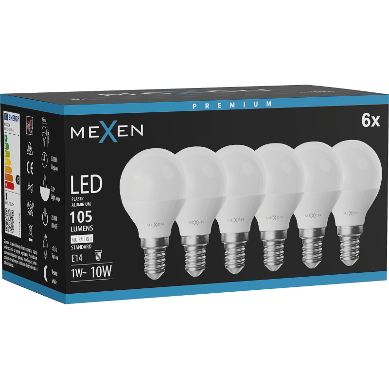Mexen Nova 6x LED крушка E14, G45, 1W, Неутрална - 4000K, 105 lm - L101-E14-0140-01x06
