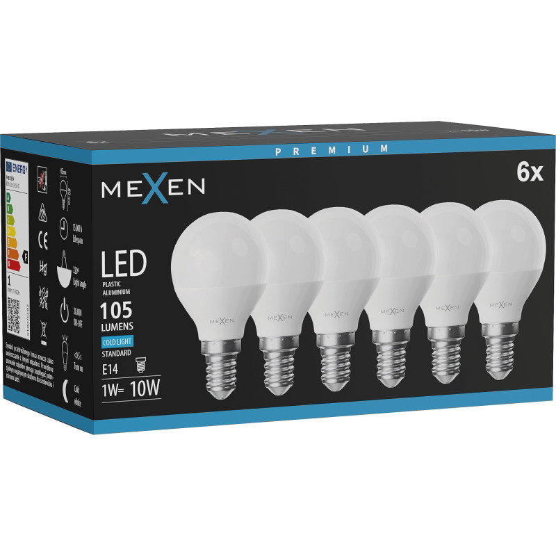 Mexen Nova 6x LED крушка E14, G45, 1W, Студена - 6500K, 105 lm - L101-E14-0165-01x06